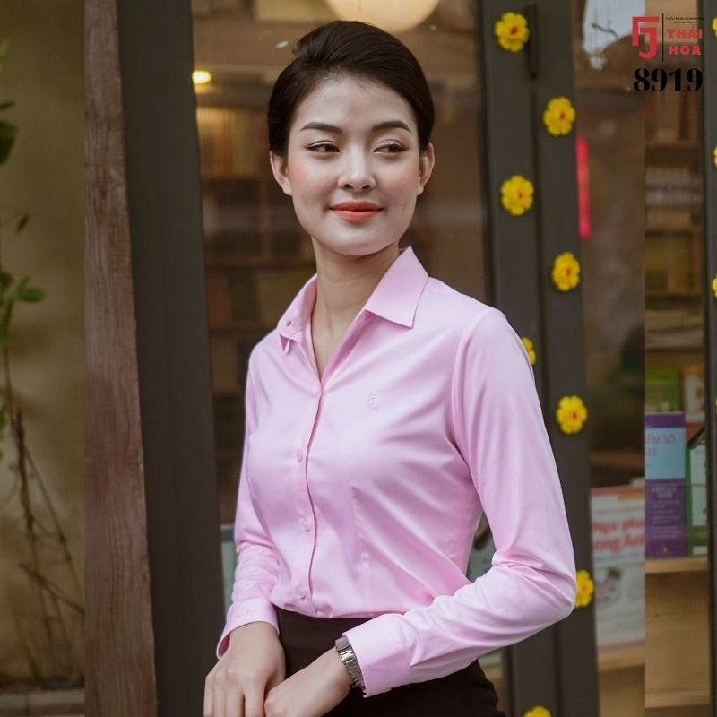 Áo sơ mi nữ dài tay kiểu công sở cao cấp vải sợi tre màu hồng Thái Hoà 8919-02-01