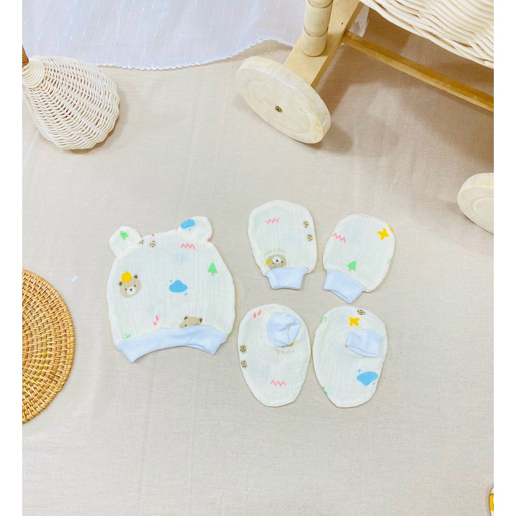 Set bao tay bao chân mũ cho bé sơ sinh bao tay chất liệu mềm mại chống chầy xước chân tay bé