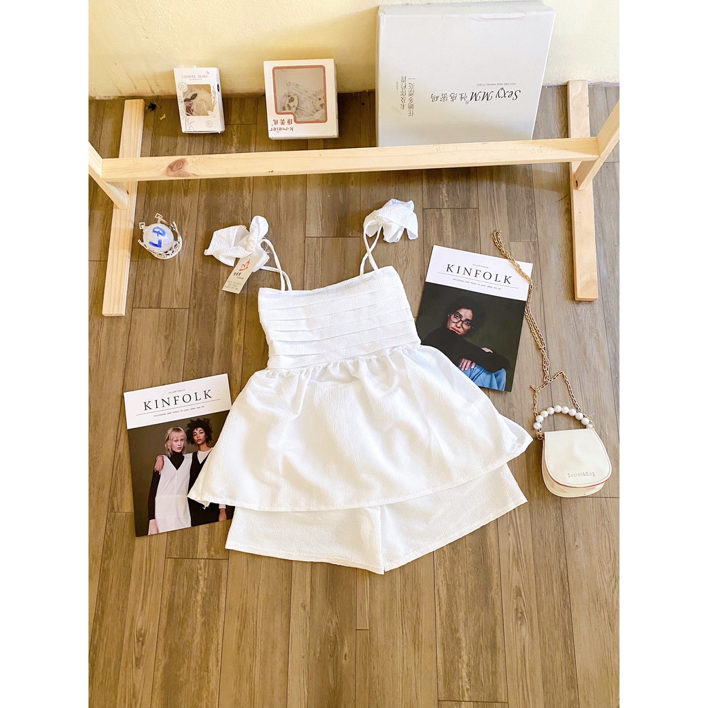 Set áo tiểu thư 2 dây nơ cổ dáng xòe tôn dáng xinh xịn mịn -  kèm quần short sang chảnh