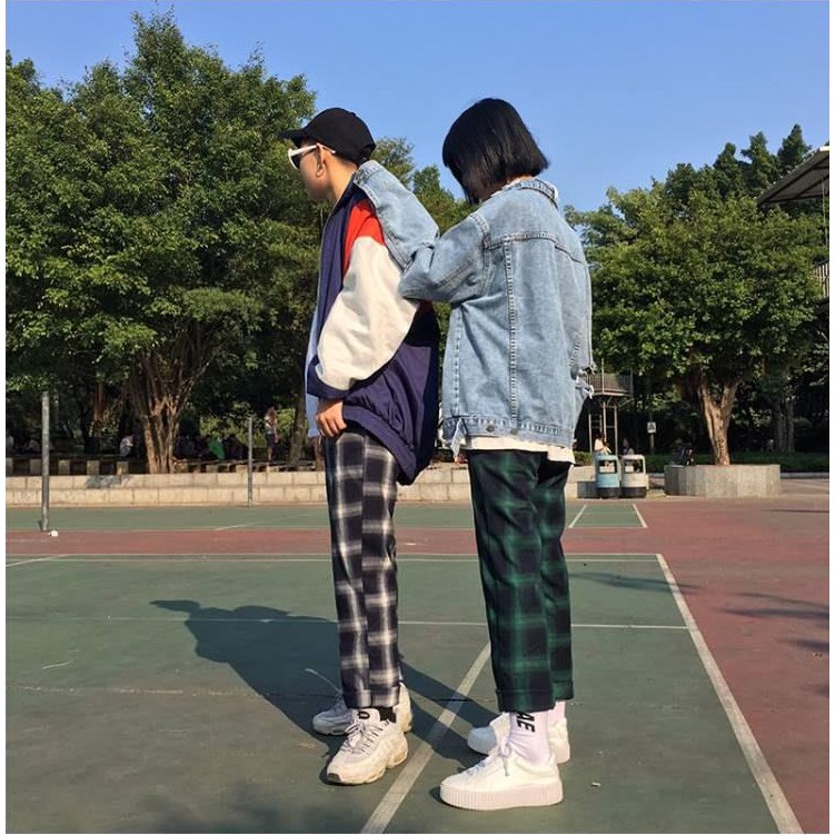 Quần baggy ống rộng bigsize kẻ caro đen đỏ dáng suông unisex