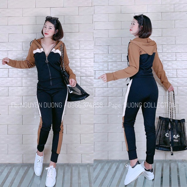 Bộ thể thao nữ có mũ trùm dây khoá kéo chất umi