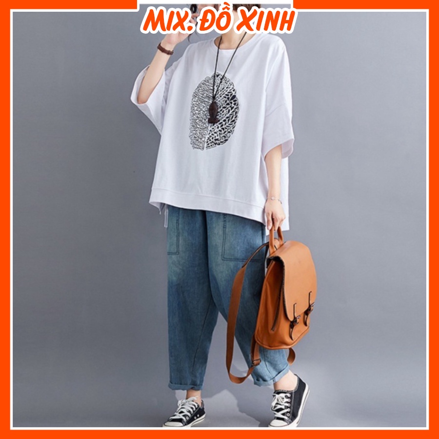 Áo phông unisex freesize Thu Hà áo thun form rộng tay lỡ chất liệu mềm mát co giãn in hình Lá Cây