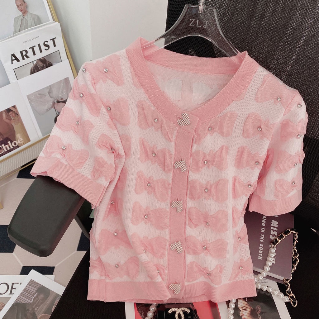 Áo kiểu Pure Cube tay ngắn chất lượng cao phối họa tiết nơ ngọt ngào đáng yêu cho nữ