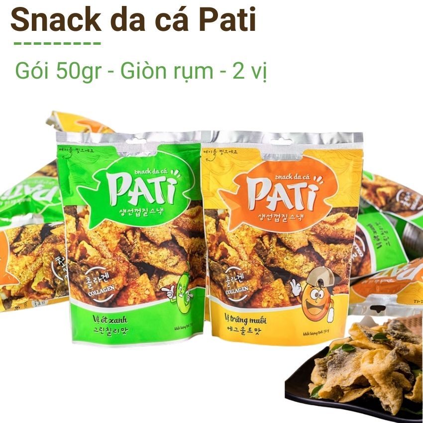 Snack da cá Pati vị trứng muối ớt xanh gói 50g thơm giòn thấm vị tốt cho sức khỏe đạt chuẩn an toàn thực phẩm Angola
