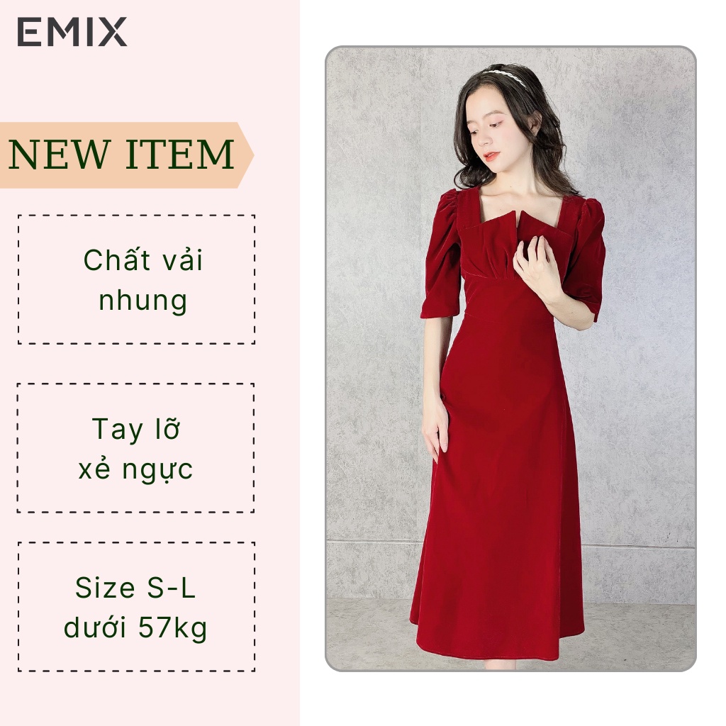Váy công sở nữ vintage sang chảnh EMIX (màu đỏ), tay lỡ, xẻ ngực, dáng dài, thiết kế xẻ ngực, vải nhung mềm