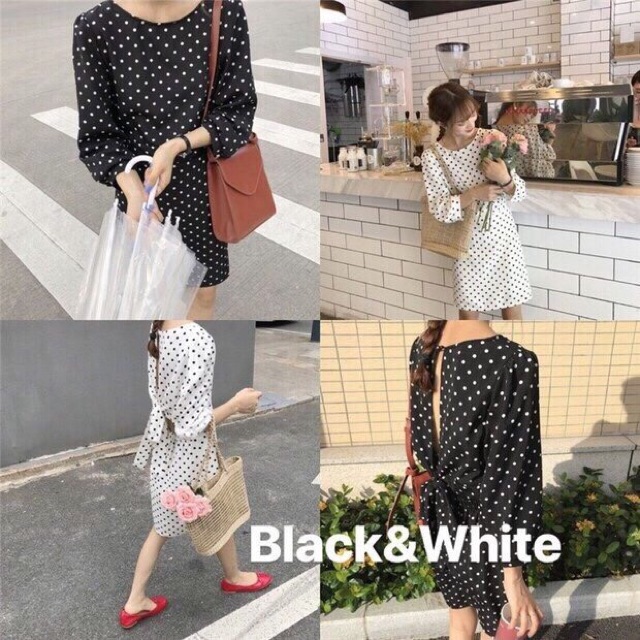 Đầm bi tay dài nơ lưng