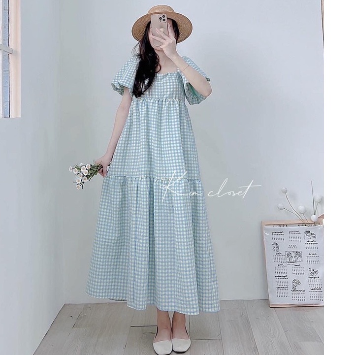 Đầm caro thiết kế maxi màu xanh tím tay bồng cúp ngực có nơ sau xinh xắn