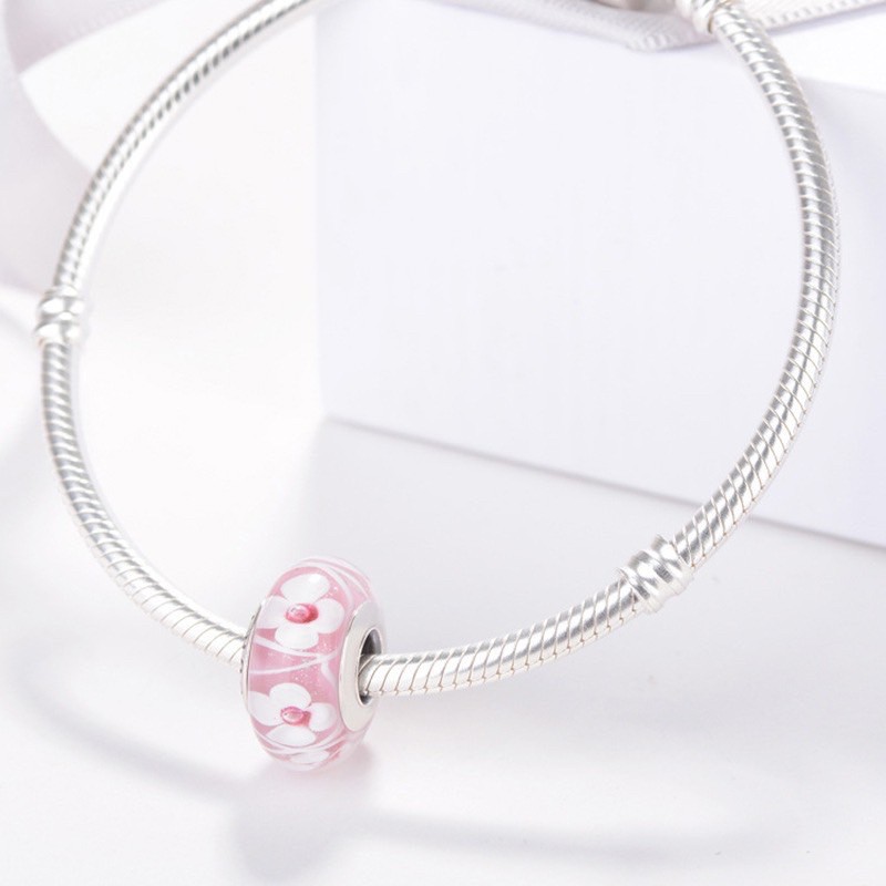 charm pan thuỷ tinh hoa đào hồng bạc s925 cao cấp