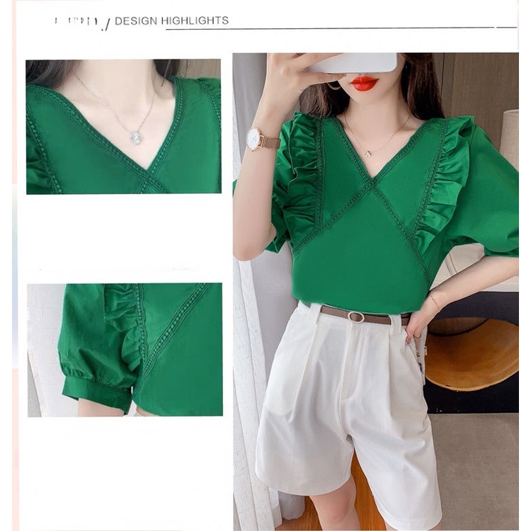 Áo kiểu tay ngắn phồng cổ chữ V dáng rộng phong cách Hàn Quốc thời trang cho nữ