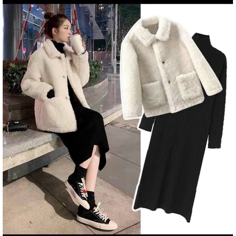 set váy body đen cổ 3p mix áo lông trắng thụng