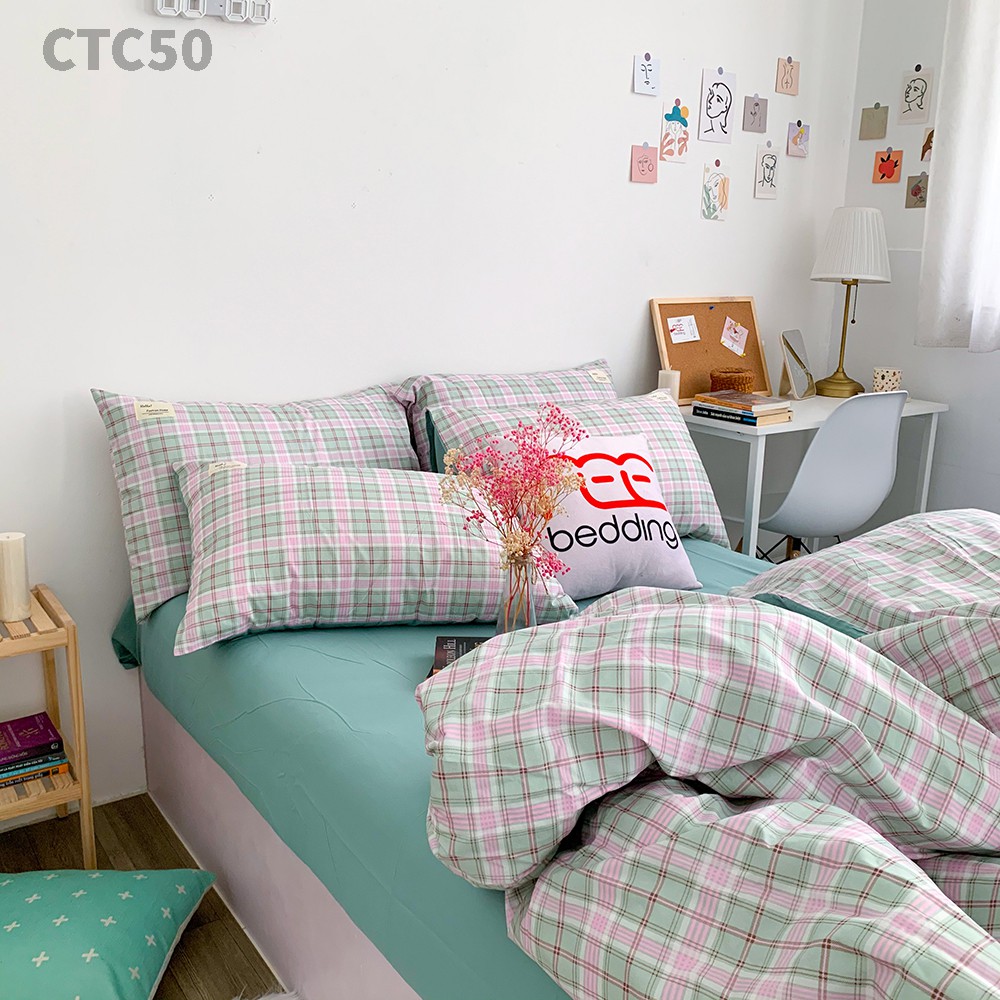 Bộ chăn ga gối Cotton TC REE Bedding sọc caro 4 món nhiều màu đẹp