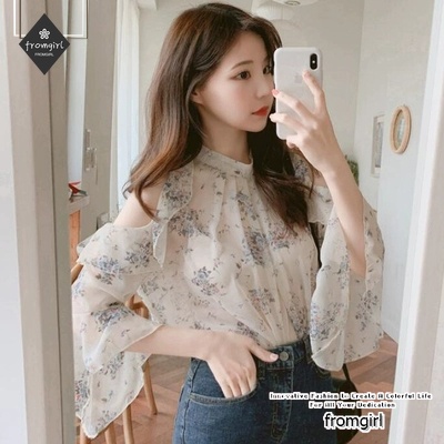 Áo Chiffon Nữ Tay Dài Trễ Vai In Hoa Thời Trang