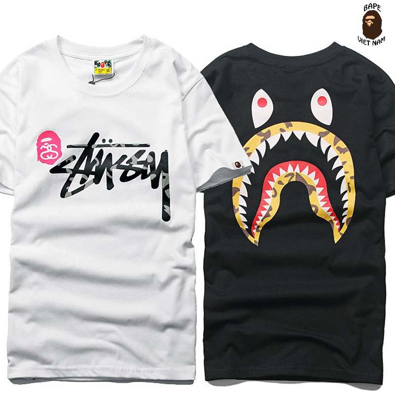 [Ảnh thật + FREESHIP] Tee Bape Shark x Stussy, Áo Thun Bape Cá Ngáo, Áo phông Bape Cá mập Bape VN