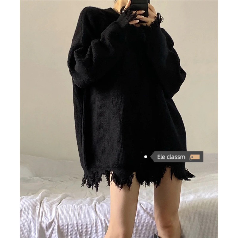 Áo len nữ form rộng hàn quốc 2021, áo len rách tua rua tay dài thời trang unisex