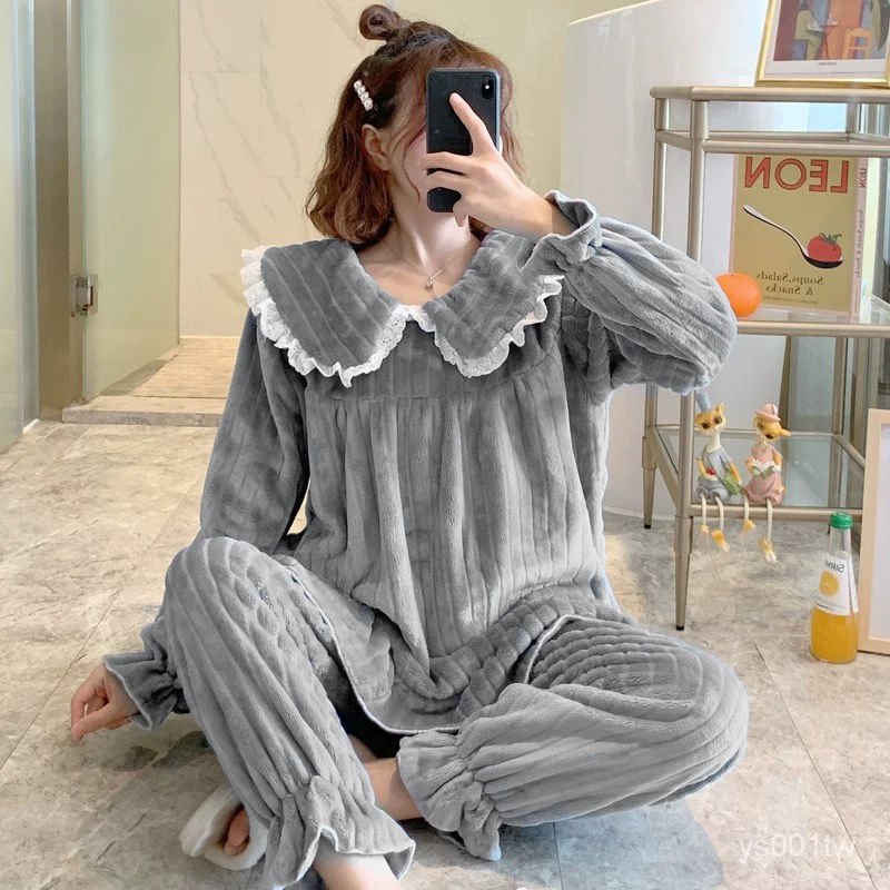 Bộ Đồ Ngủ Vải Flannel Phối Nhung Dày Ấm Áp Kiểu Công Chúa Thời Trang Xuân Thu Cho Nữ