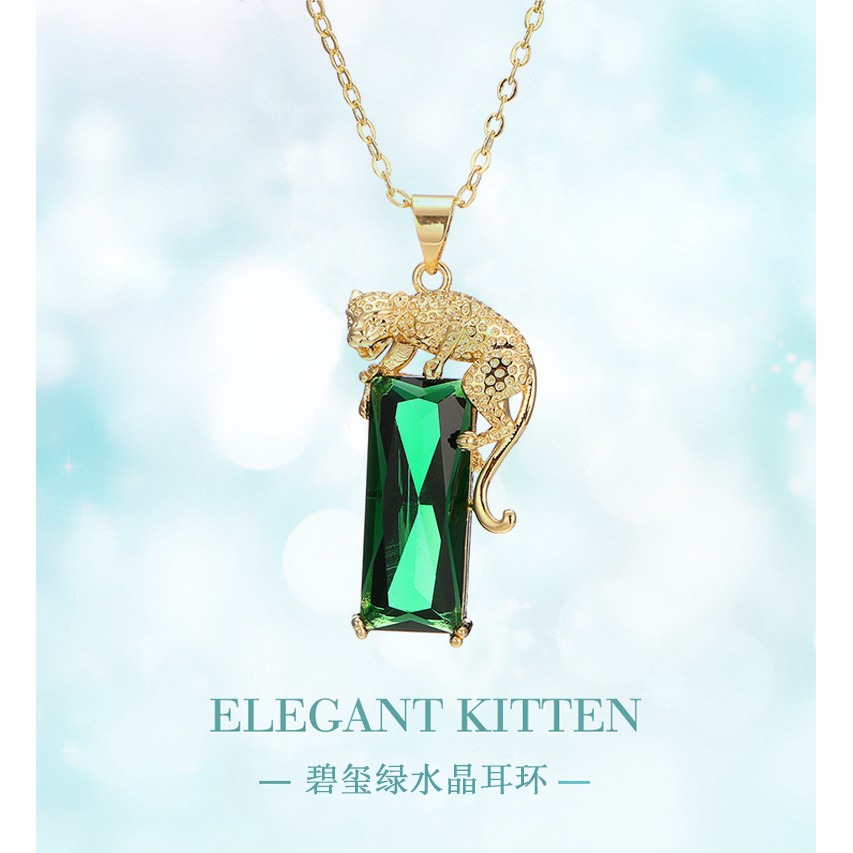 Mặt dây chuyền hình con báo đính đá thạch anh màu xanh lá thời trang châu âu-3977