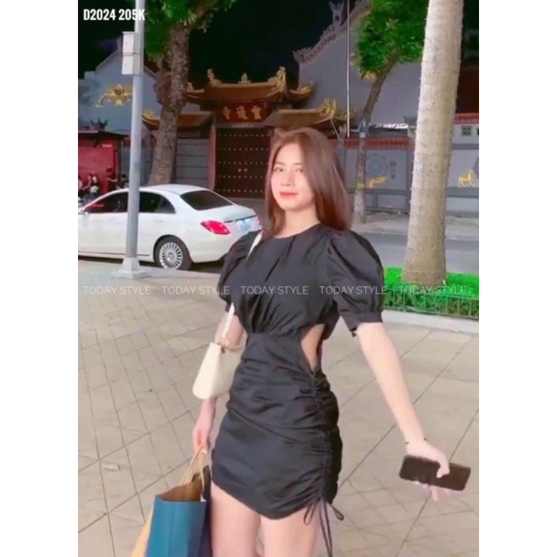 Đầm body cổ tròn tay phồng rút dây hai bên hông