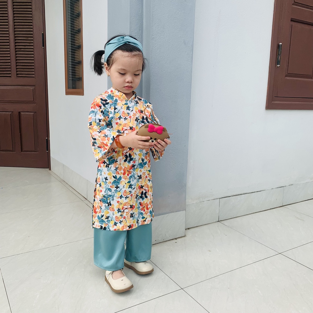 Áo dài cho bé gái Samkids  chất liệu thô cotton quần lụa ngọc trai, họa tiết hoa bướm cực xinh cho bé
