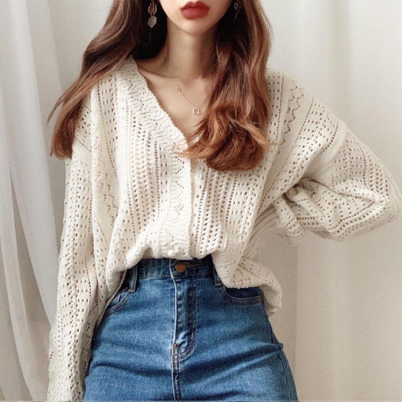 Áo Khoác Cardigan Len Ren Cúc Ngọc Vintage