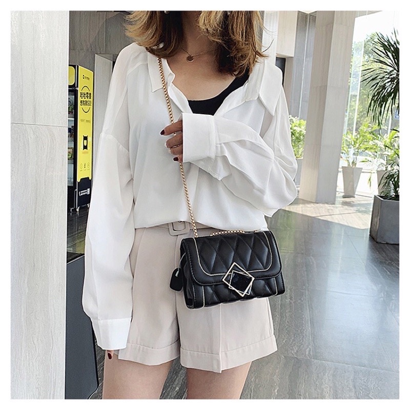 Túi đeo vai Túi đeo chéo khoá HÌNH THOI Chần Trám Dây đeo xích tròn