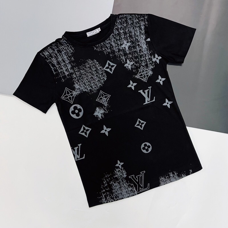 Áo thun cổ tròn tay ngắn in họa tiết chữ LV loang màu phong cách bụi bặm cá tính dành cho nam nữ hot trend 2022