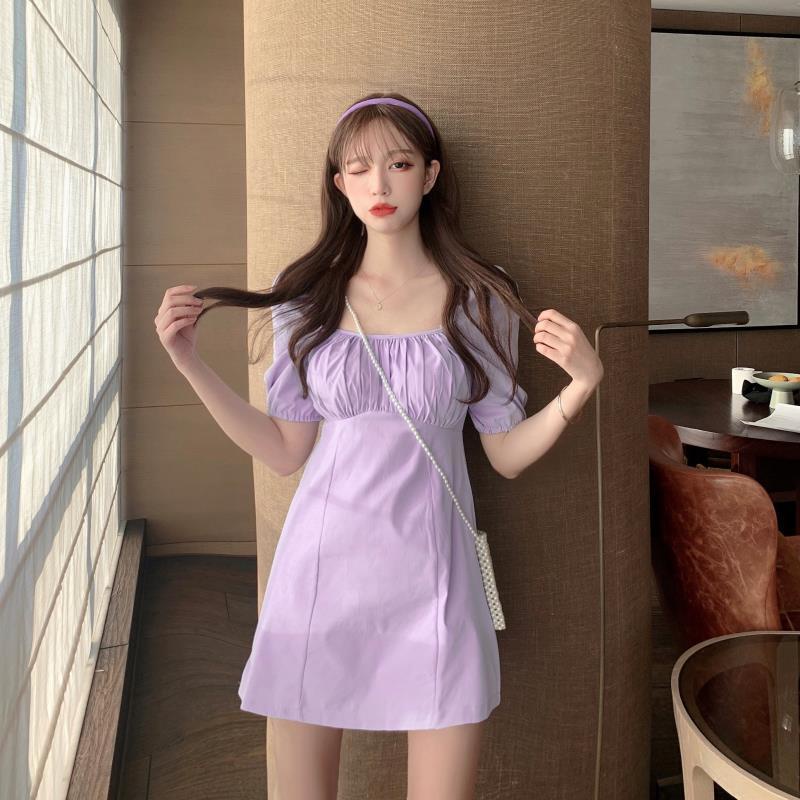 [MURIOKI] Đầm Dáng Chữ A Tay Phồng Cổ Vuông Màu Trắng / Tím Phong Cách Pháp Tinh Tế Thời Trang Cho Nữ