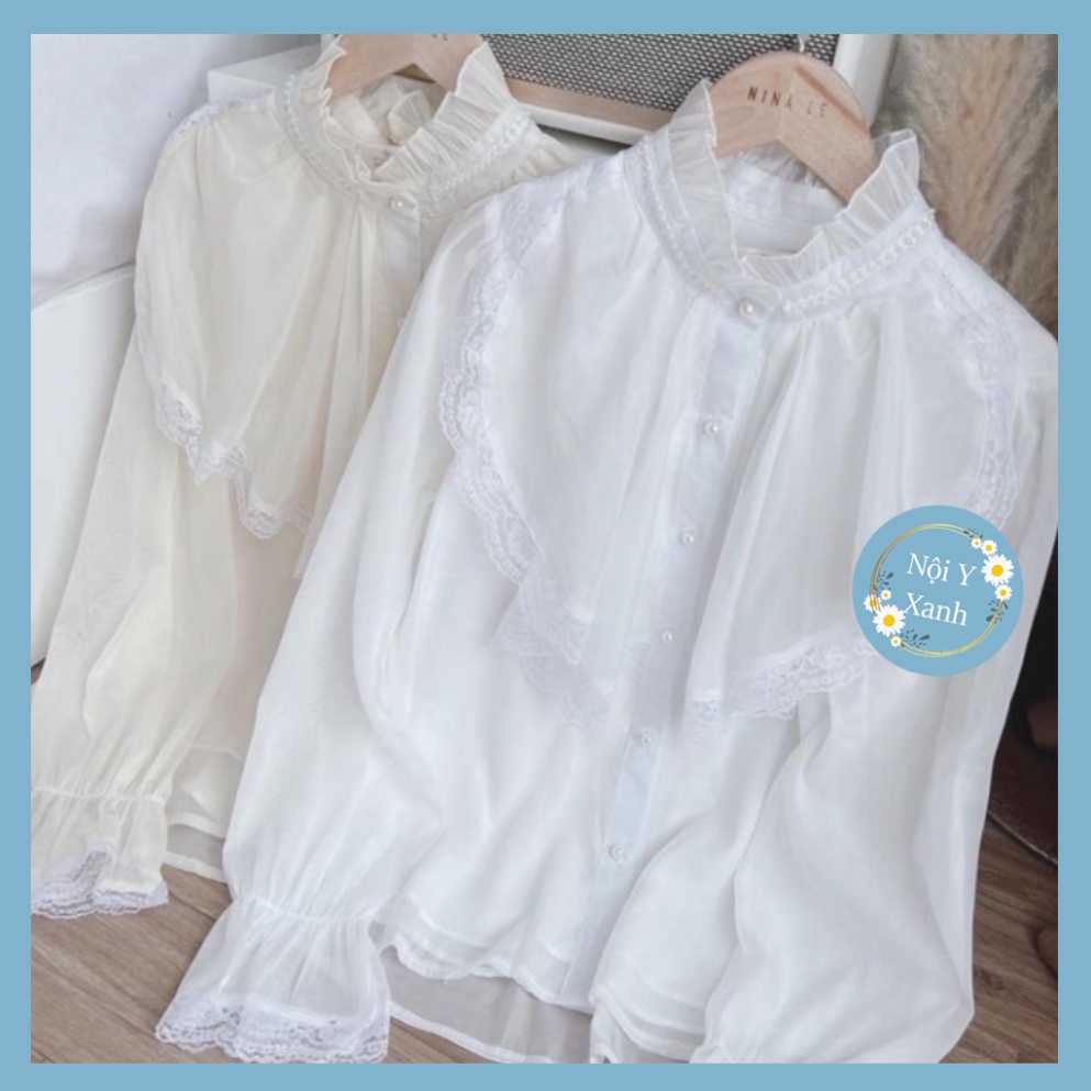 Áo sơ mi tiểu thư 2 lớp phối ren_444 mầu trắng, babydoll ulzzang mềm nội y xanh