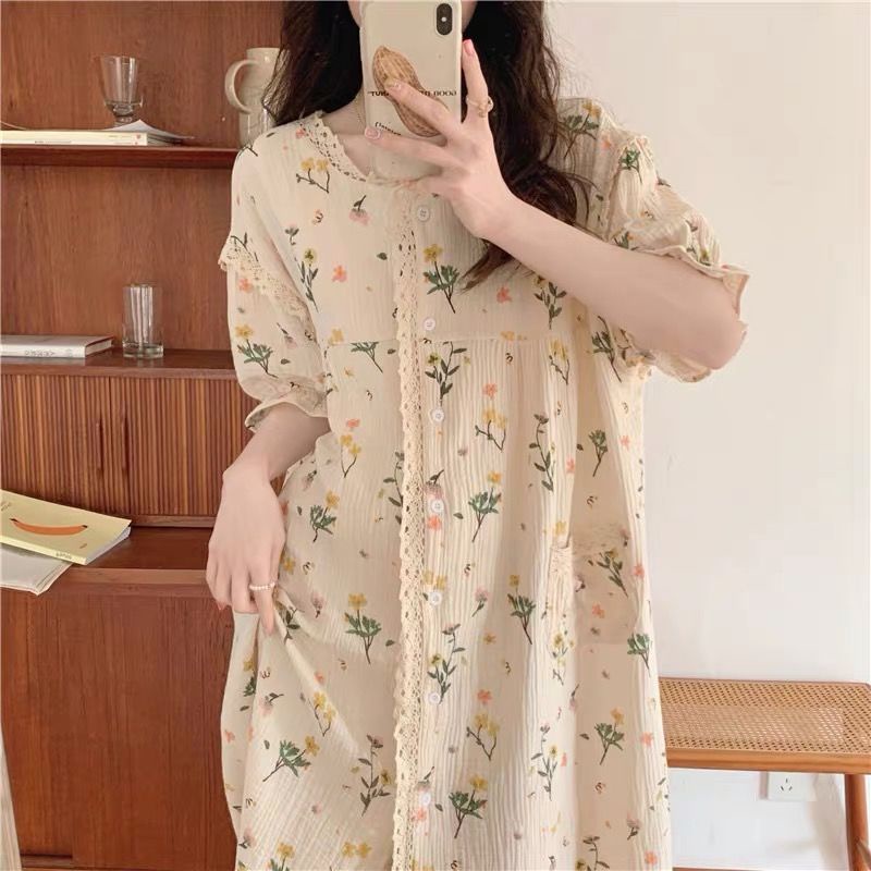 Đầm Ngủ Tay Ngắn Dáng Dài Rộng In Họa Tiết Hoa Thời Trang Mùa Hè Phong Cách Hàn Quốc Cho Nữ