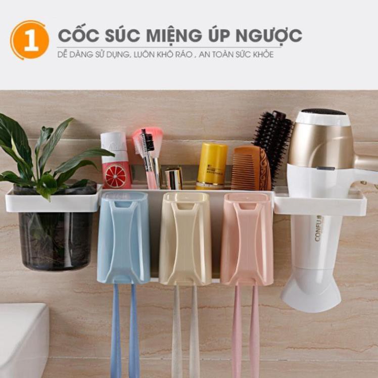 Kệ để đồ nhà tắm, treo bàn chải đánh răng, tặng kèm 3 cốc đa năng, có giá treo máy sấy tóc thông minh 9243