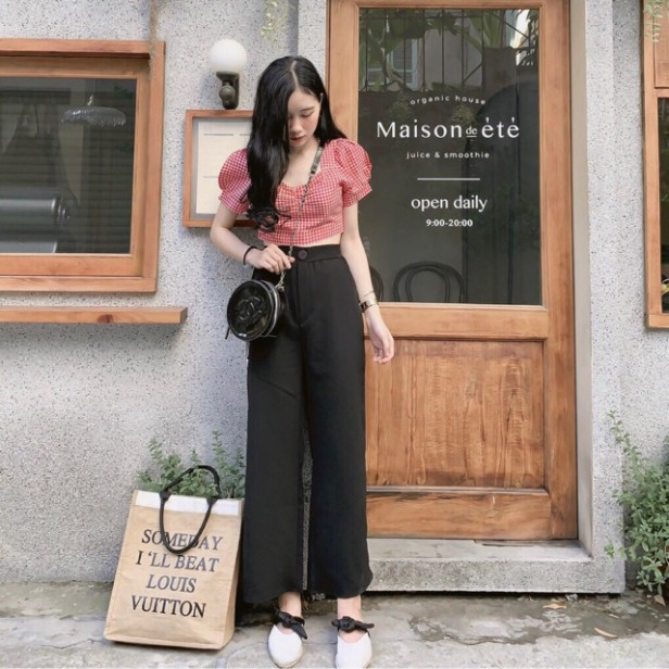 Bộ Quần Culottes Kèm Áo Croptop Kẻ Đỏ Cộc Tay - Set Quần Dài Ống Rộng Và Áo Thun Ngắn Hở Eo Cá Tính