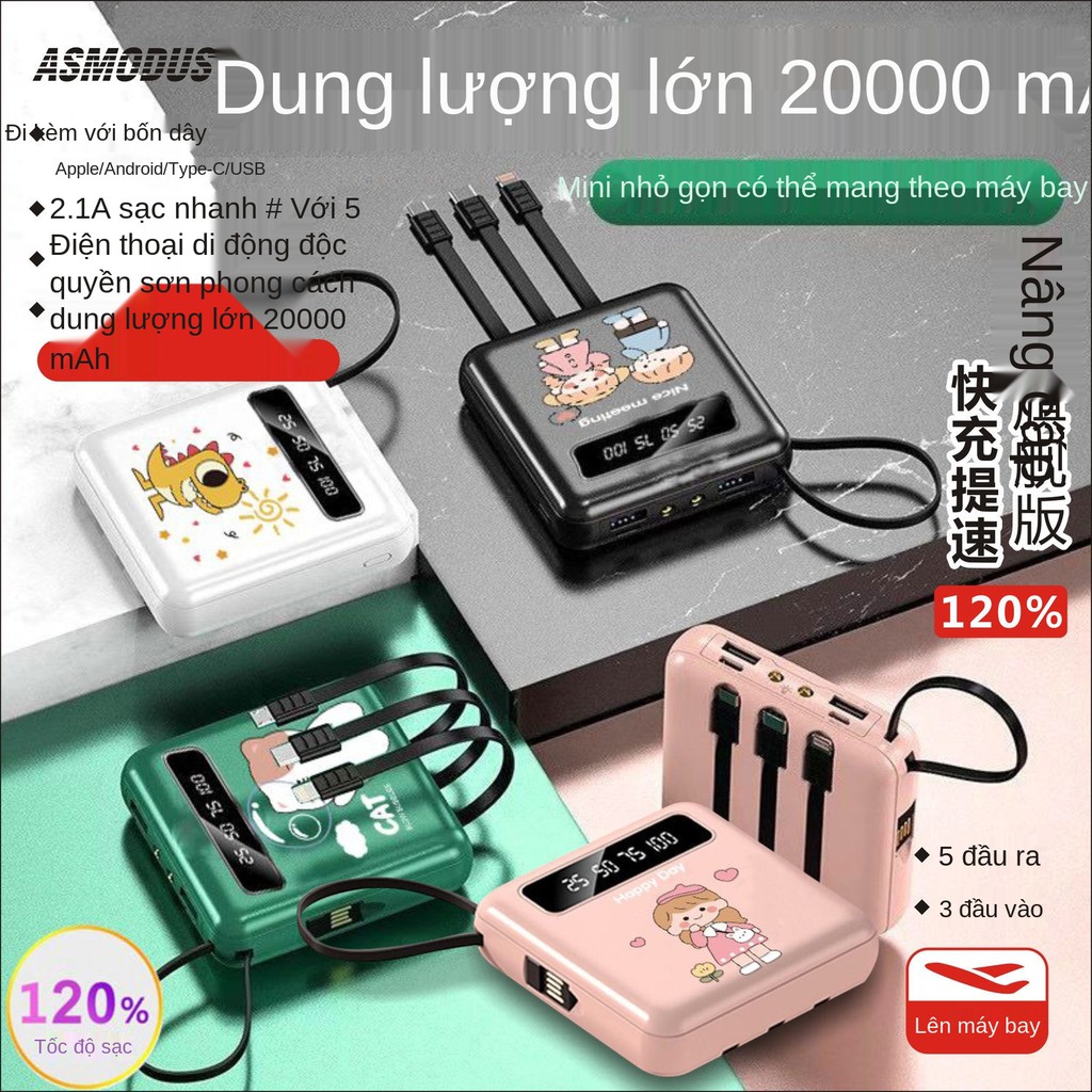 Mini pin dự phòng dung lượng lớn 20.000 mAh đi kèm sạc nhanh 4 dây và nguồn điện di động siêu bền Apple Huawei Universal