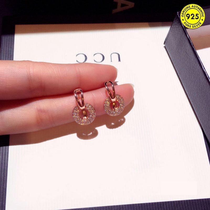 Bông tai tròn nhỏ đính đá toàn diện bằng bạc Sterling cho nữ