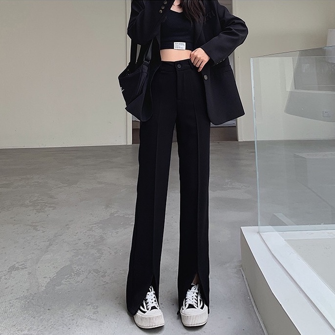 Quần dài ZHELIHANGFEI cạp cao ống rộng xẻ tà trẻ trung thời trang