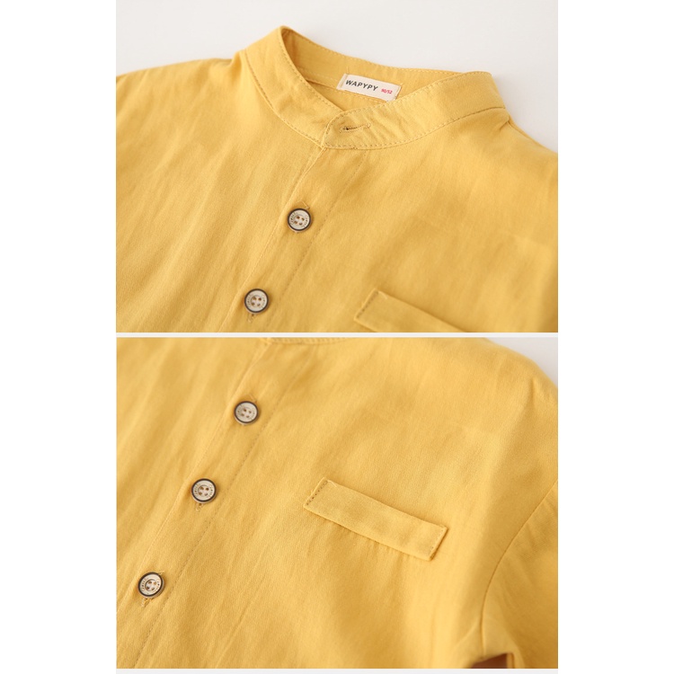 Áo sơ mi bé trai Wapypy chính hãng, áo sơ mi dài tay cổ trụ, chất cotton, phong cách Hàn Quốc cho bé