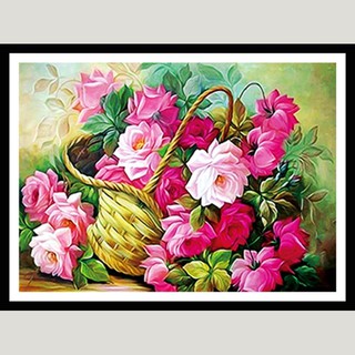 Tranh đính đá, Tranh thêu chữ thập giỏ hoa hồng tuyệt đẹp - tự thêu, tự đính (full 100%)