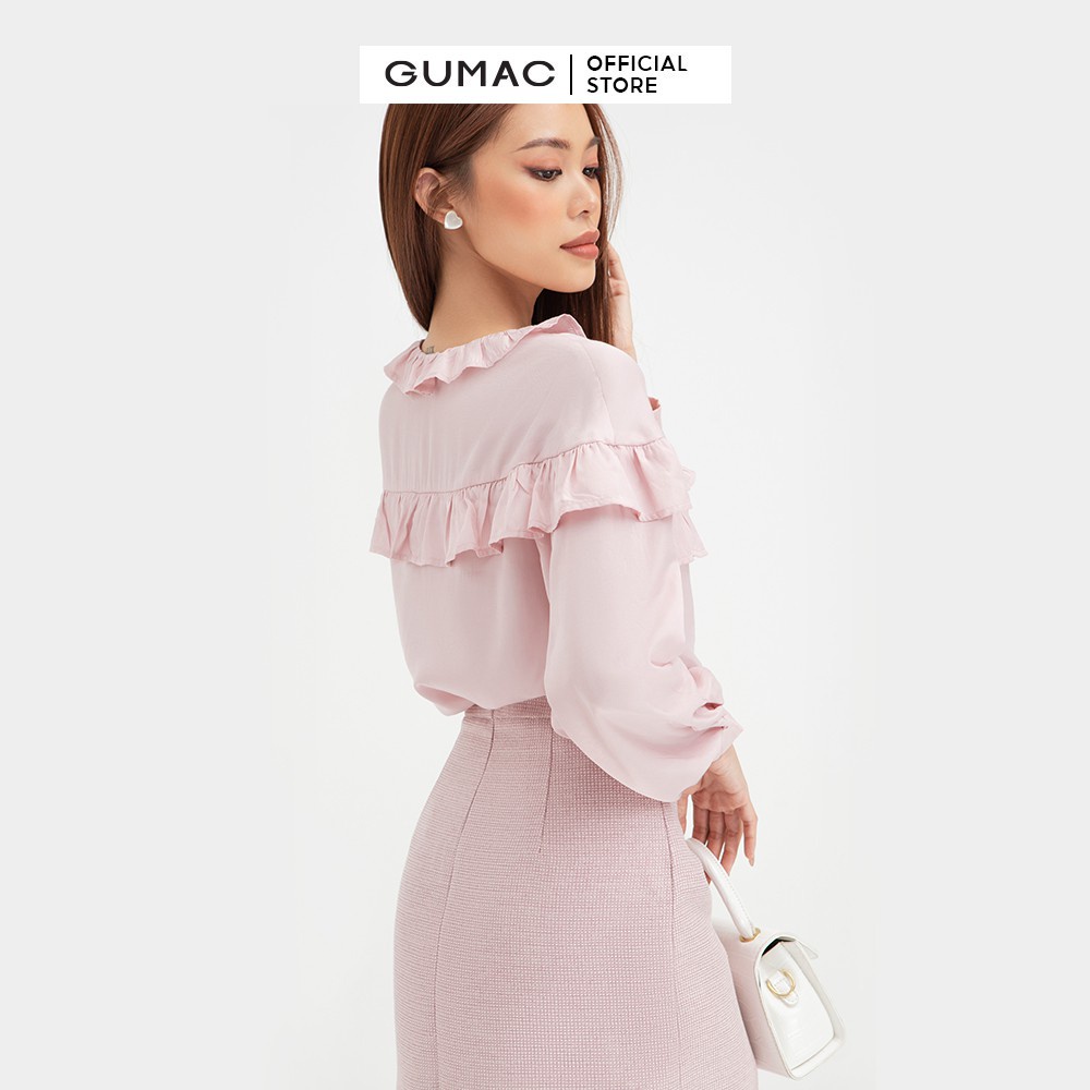 [Mã WABRGUM giảm 10% tối đa 30K đơn 99K] Áo sơ mi kiểu nhún bèo ngực GUMAC màu hồng trơn sang trọng AB451 | BigBuy360 - bigbuy360.vn