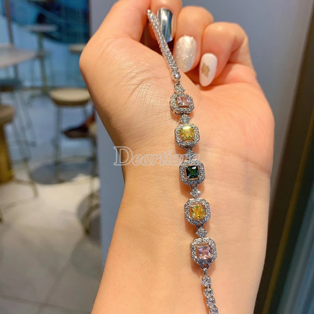 Vòng Tay Công Chúa Tourmaline Mặt Vuông Đính Đá Giả Kim Cương Thời Trang Cho Nữ