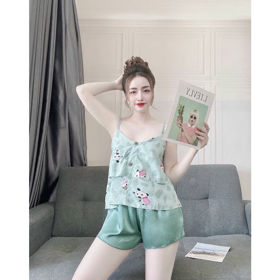 Đồ ngủ nữ, bộ mặc nhà 2 dây chất lụa phối satin, kiểu dáng dễ thương, chất vải mát, phom dưới 50kg | BigBuy360 - bigbuy360.vn