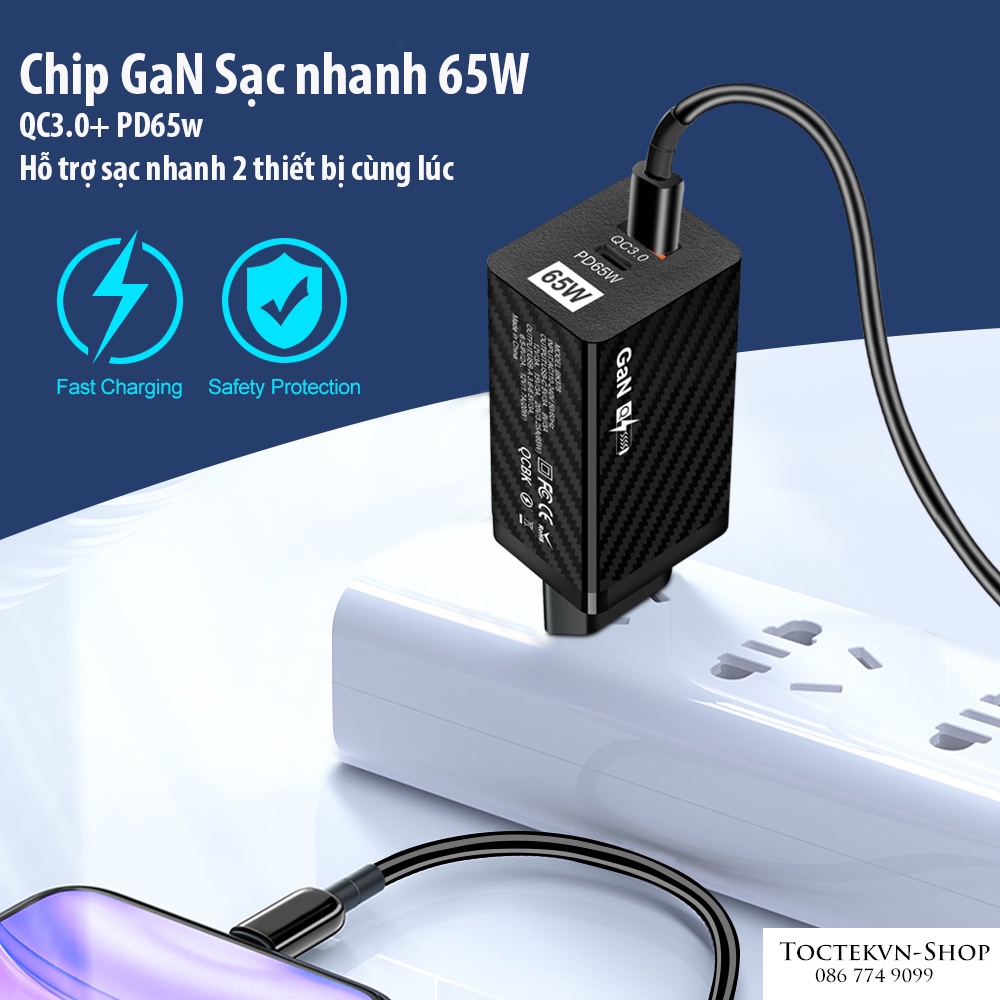 Củ Sạc 65W GaN QC 3.0 USB Type C dùng cho laptop, điện thoại các hãng.