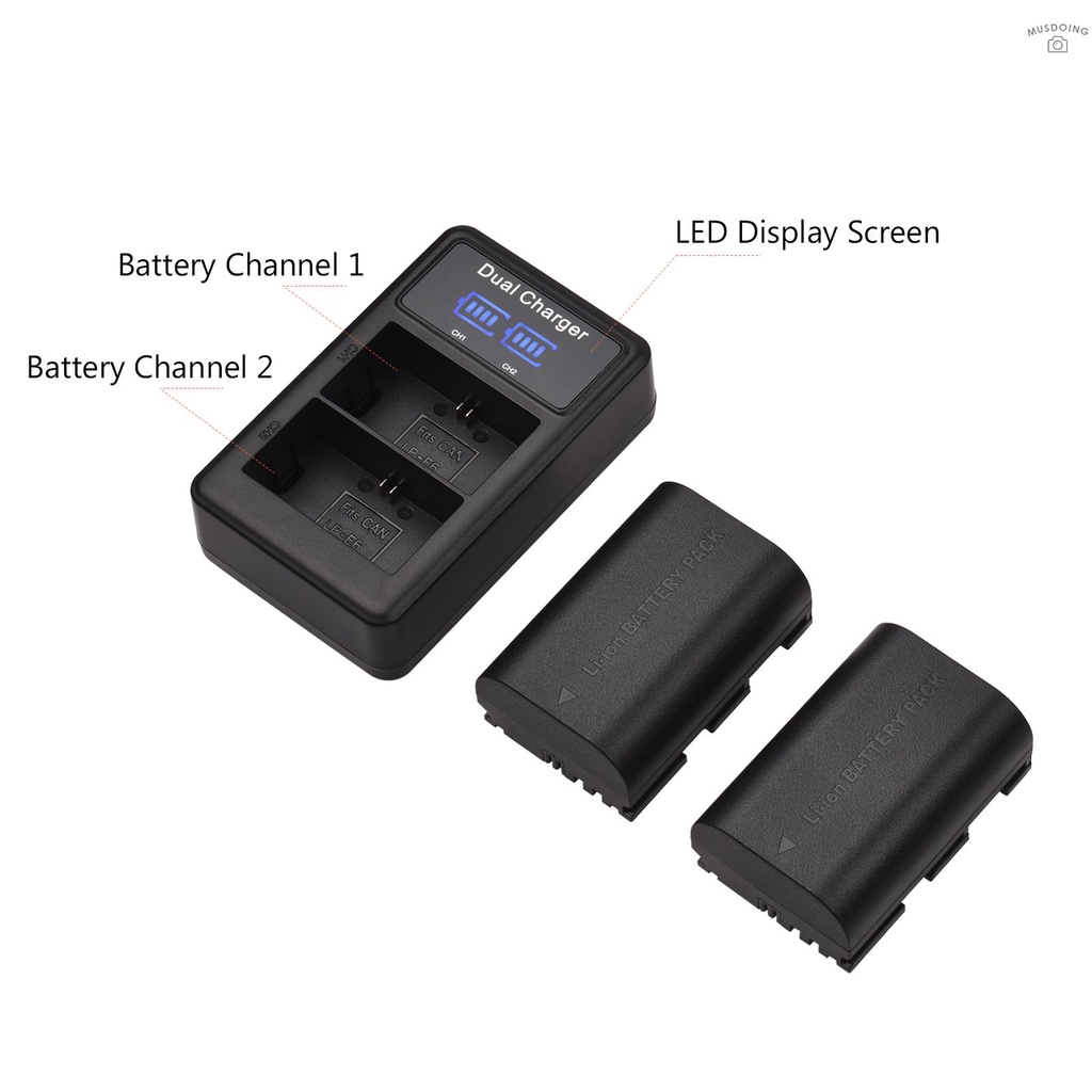 ღ LP-E6/ E6N Battery & Charger Kit 2pcs 7.4V 2650mAh Battery + 1pc LED2-LPE6 Dual Channel Camera Battery Charger USB Port LCD Screen Display Replacement for Canon EOS 5D Mark II/III/IV 6D 7D 60D 70D 80D