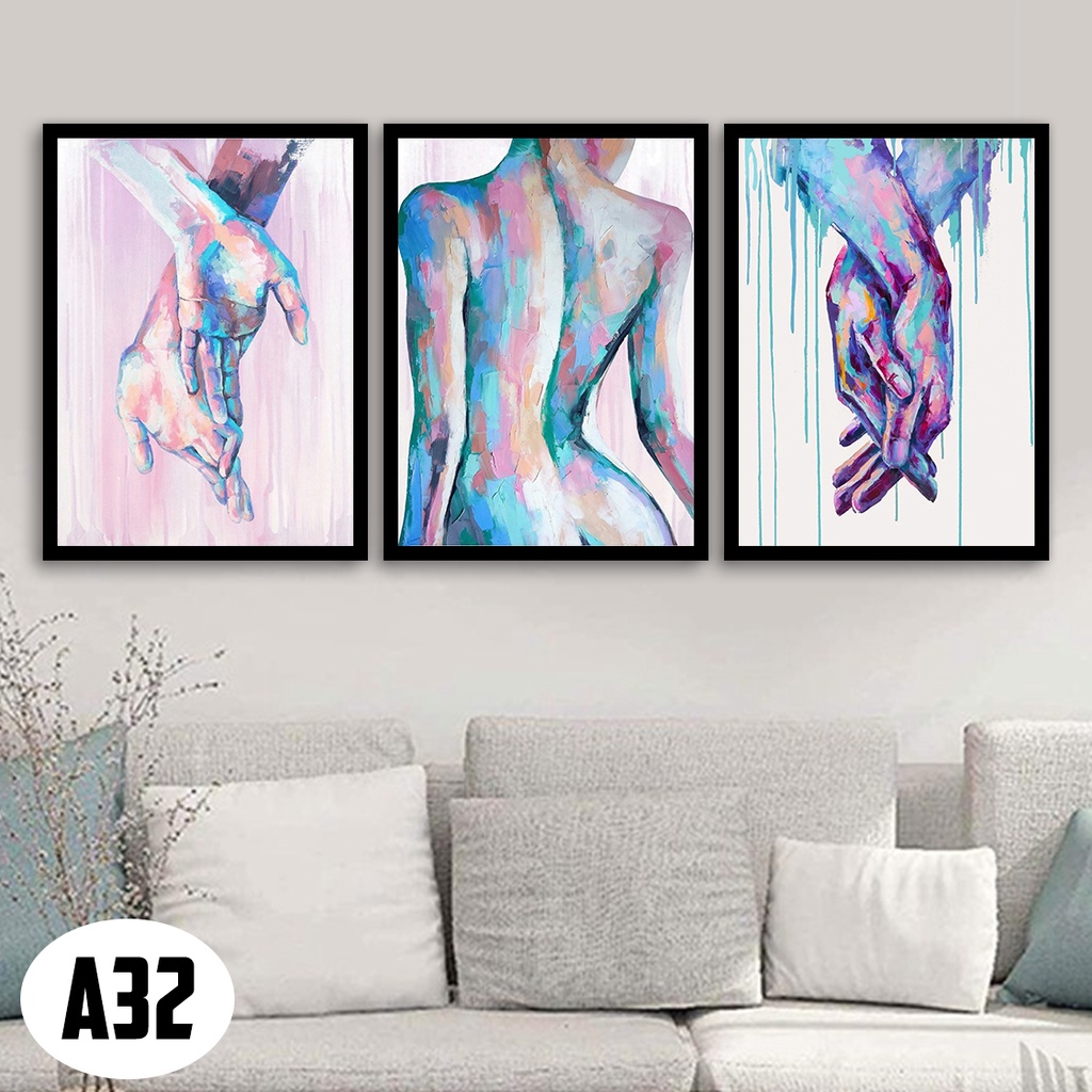 Bộ 3 Tranh Treo Tường Có Khung (30cm x 40cm x 3bức, dày 2cm) Trừu Tượng Bàn Tay Và Cô Gái (Mã A32). Tranh Trang Trí
