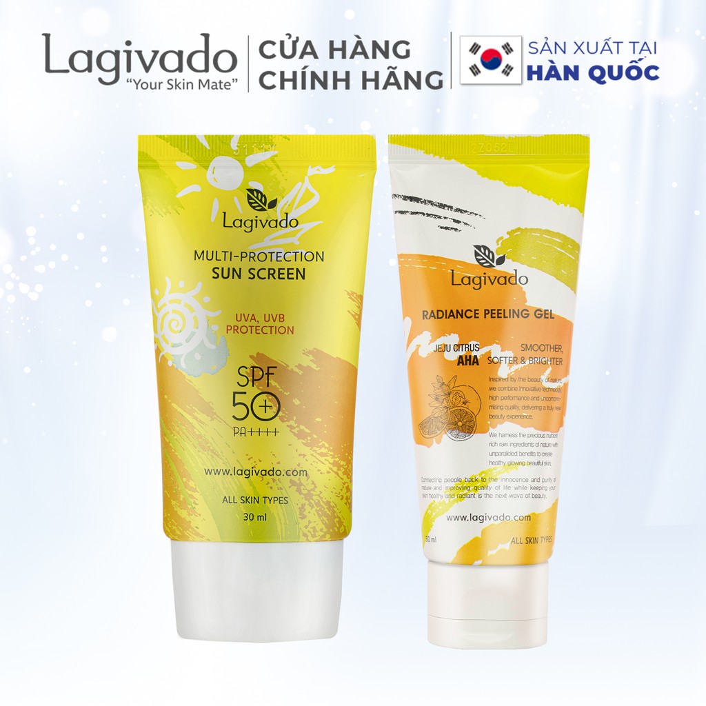 Bộ chăm sóc da mặt Hàn Quốc Lagivado Kem chống nắng 30 g và tẩy tế bào da chết 50 ml