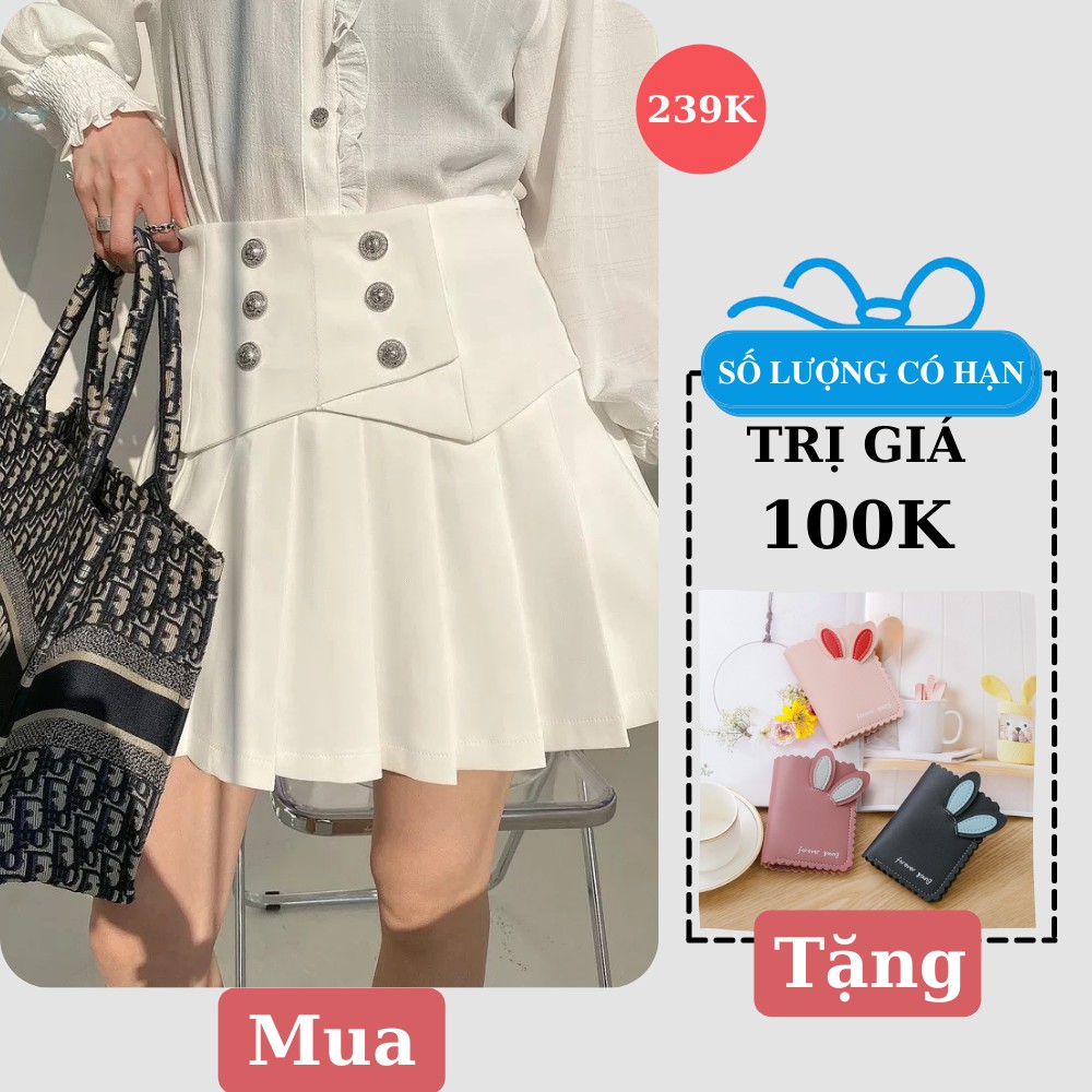 Chân Váy Lưng cao Ly To Màu Trắng Phối Khuy Cá Tính Hàng Loại 2,Váy Xếp Li Ngắn Cạp Cao Sợi Tổng Hợp Dày Dặn Đẹp