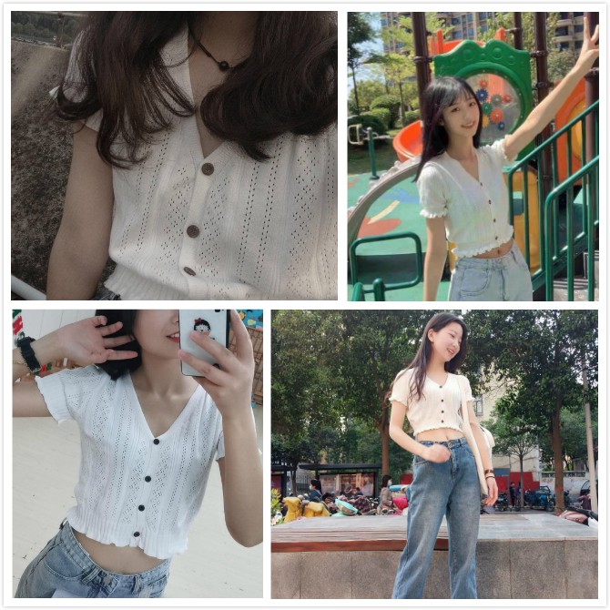 Áo Thun Dệt Kim Cổ Chữ V Phong Cách Retro Cho Nữ