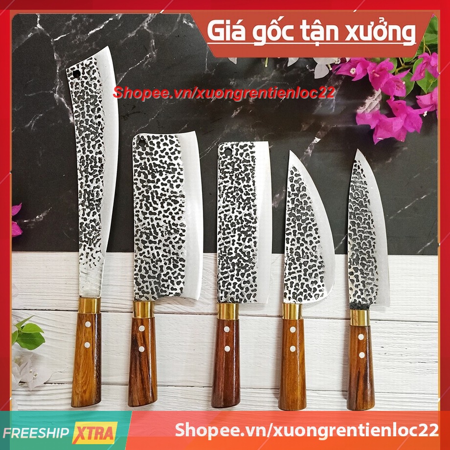 Bộ Dao Nhà Bếp 10 món Thép Nhíp Dập Vân chống dính Chặt Cây, Xương, Thái Lọc Thịt - Cán Gỗ Cẩm chỉ - Dụng cụ nhà bếp