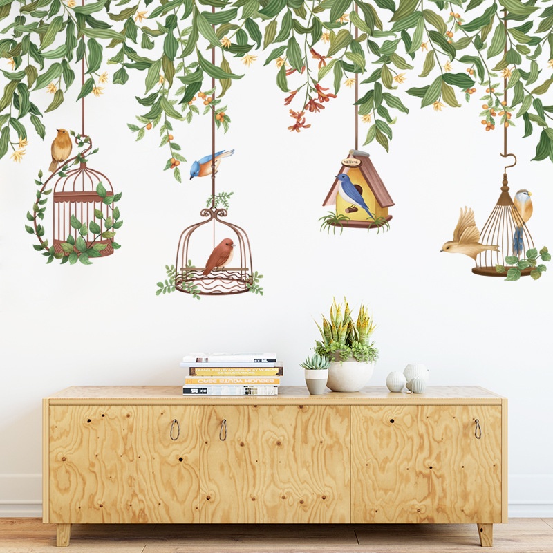Tranh dán tường 3D hình nền hoa lá rủ và lồng chim KT 100x60cm, DECAL trang trí siêu rẻ