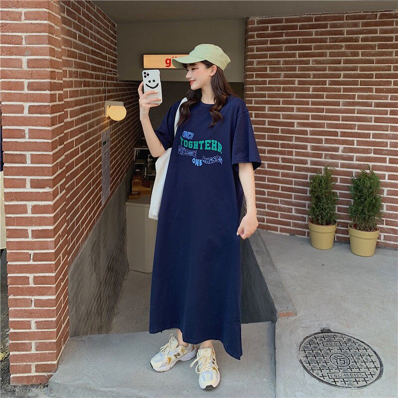 Đầm Thun Cotton Dáng Rộng Tay Ngắn In Chữ Phong Cách Hàn Quốc Thời Trang Mùa Hè Cho Nữ