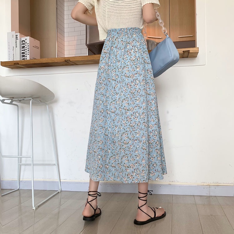SUXI Chân Váy Midi Lưng Cao Dáng Chữ A Hoạ Tiết Hoa Thiết Kế Đơn Giản Thanh Lịch