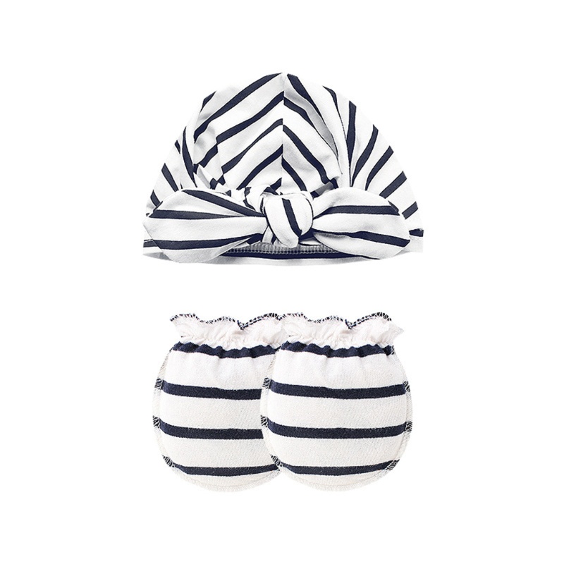 Bộ Găng Tay + Mũ + Găng Tay Cotton Thắt Nút Chống Trầy Xước Cho Bé Sơ Sinh