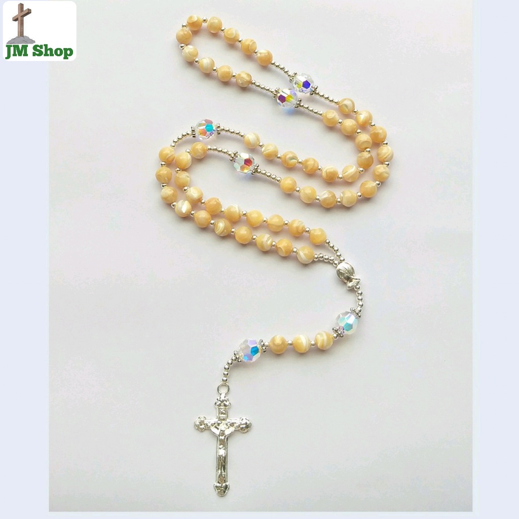 Dây chuyền Chuỗi Mân Côi Vỏ Sò Vàng Kim Hóa Thạch 8 Li xen hạt Bạc, Đức Mẹ và Thánh Giá Bạc